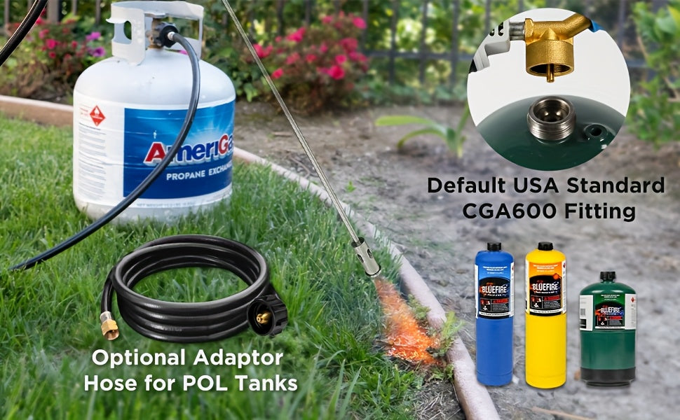 Propane Weed Torch Kit with Tank-Connected Outdoor Burner Model Options, BF-1711, Koman-Q0001 and HD Series for Experienced Adult Yard Maintenance