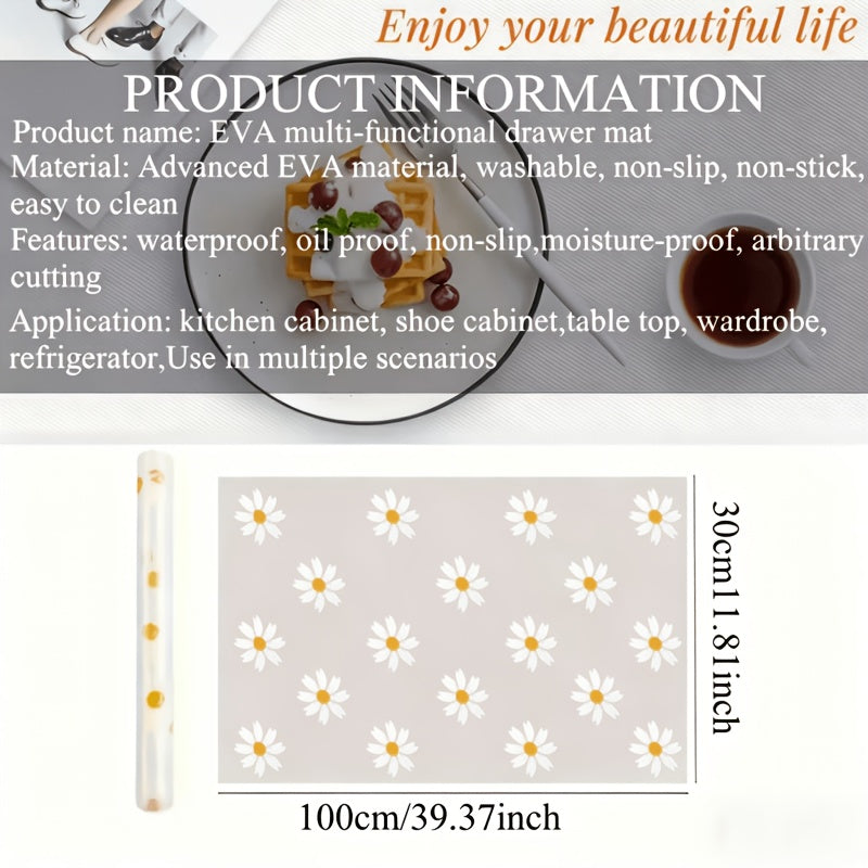 Daisy Cabinet Liner Roll, Cut-to-Fit Plastic Shelf Mat for Compatible Kitchen Cabinets, Drawers and Refrigerator Shelves, Easy-Clean Floral Organization Accessory