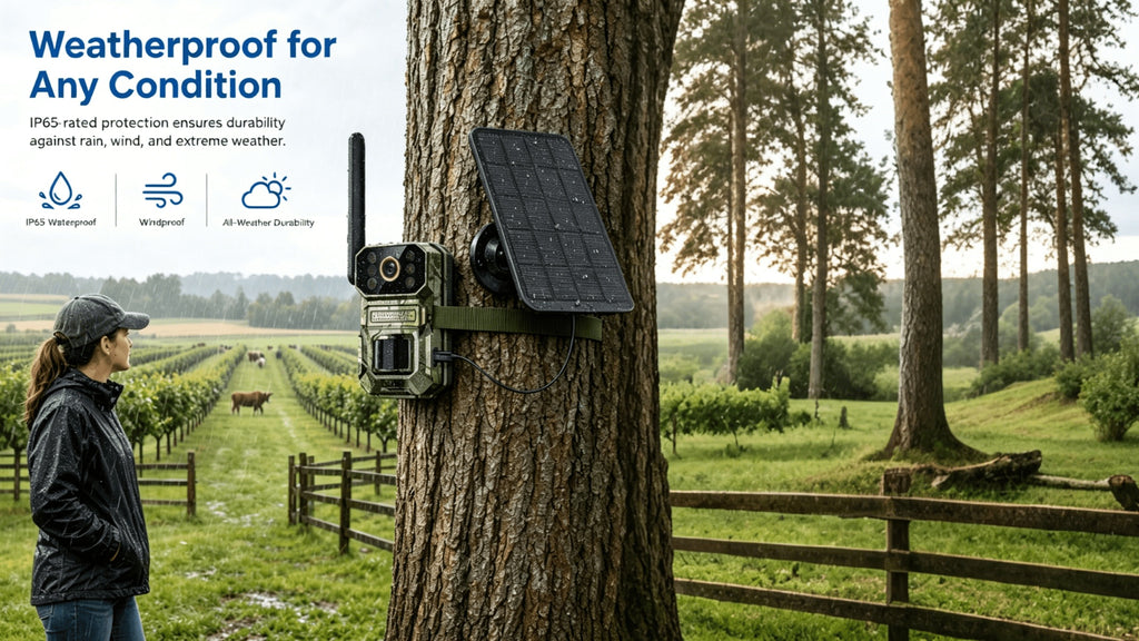 Farm Solar Trail Camera for Orchard and Livestock Monitoring with 125° Wide-Angle View, Listed 20W Solar Panel, 6000mAh Battery and Mounting Straps