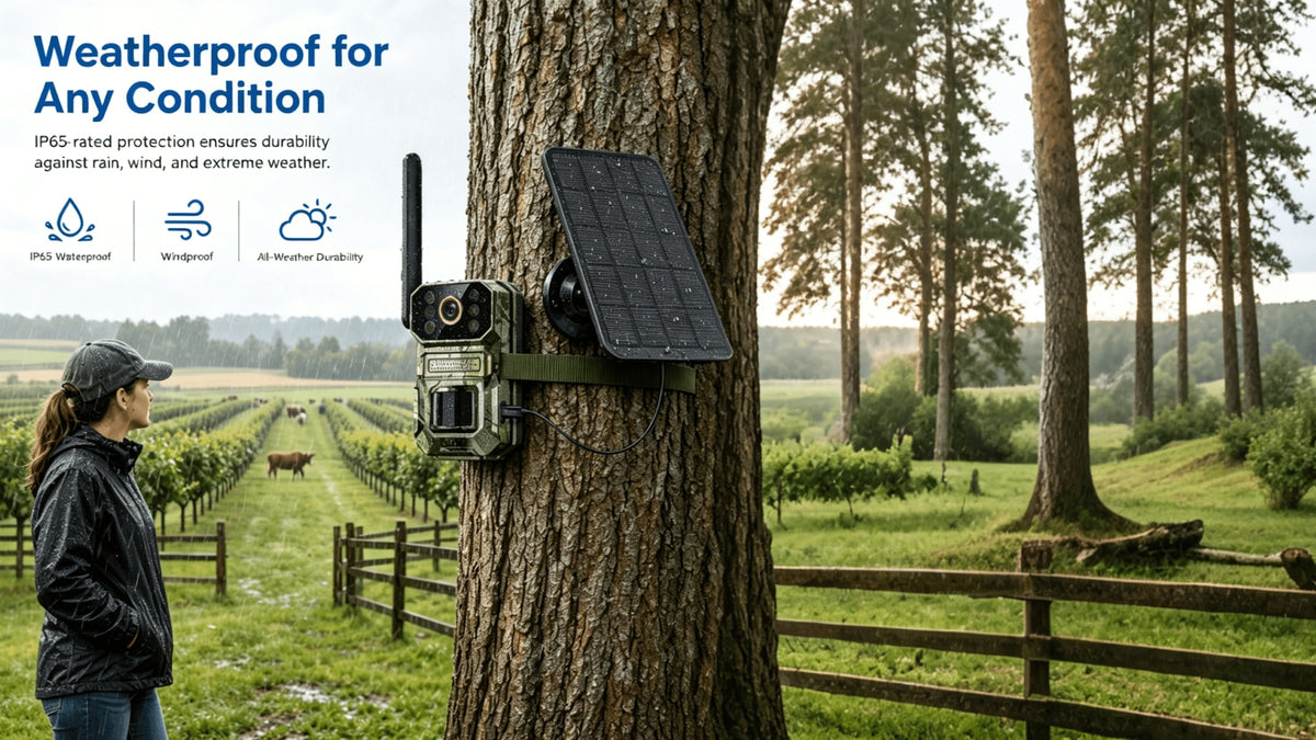 Farm Solar Trail Camera for Orchard and Livestock Monitoring with 125° Wide-Angle View, Listed 20W Solar Panel, 6000mAh Battery and Mounting Straps