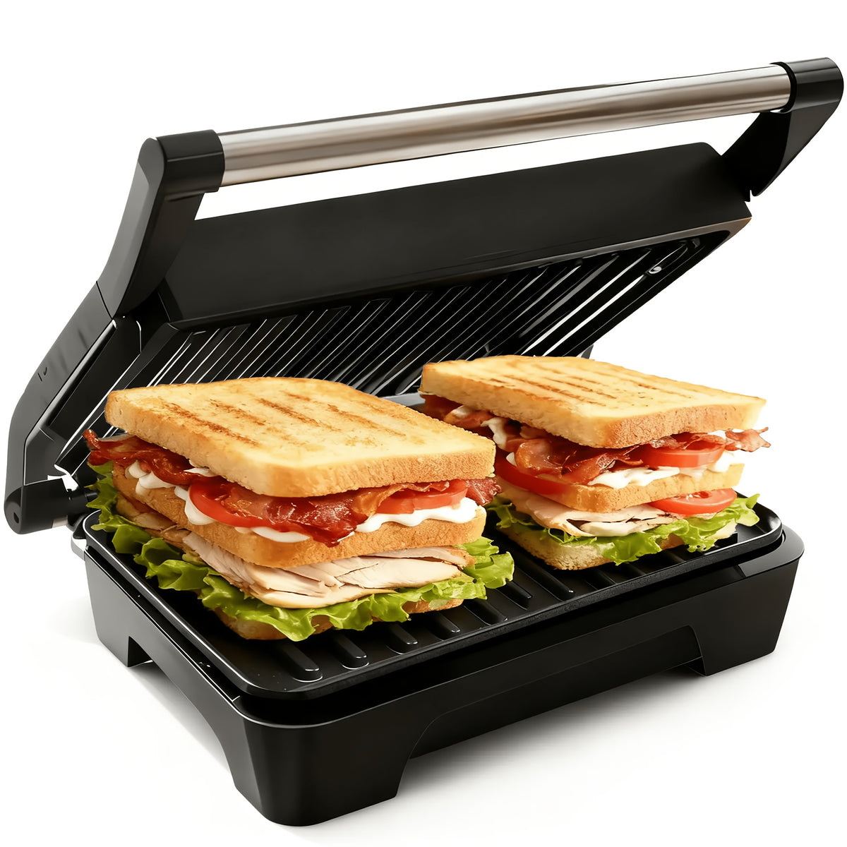 Silvery Panini Press Grill and Sandwich Maker with Listed 1000W Power, Nonstick Plates, Drip Tray, Floating Hinge and 180-Degree Opening for Home Cooking