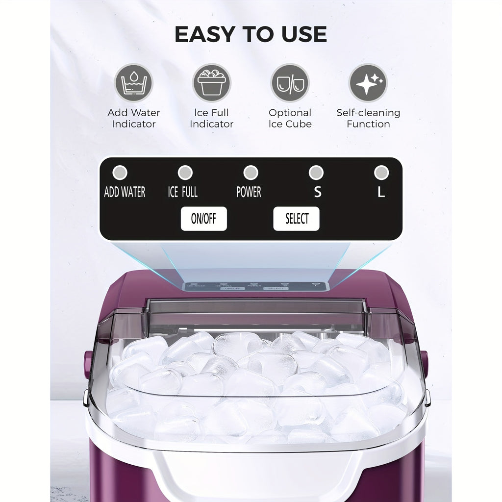 Handle-Equipped Countertop Ice Machine with Listed 26lb Daily Output, Six-Minute Ice Claim, Two Ice Sizes, Scoop, Basket and Self-Cleaning in Four Color Options