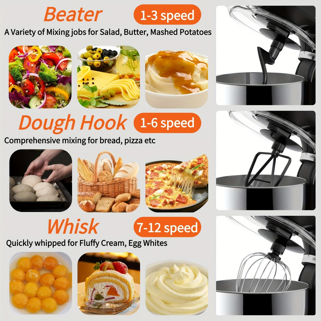 Electric Stand Mixer with Listed 350W Power, 12 Speeds and Pulse Button, Stainless Steel Bowl, Paddle, Dough Hook and Whisk in Grey, Black or Red for Home Baking
