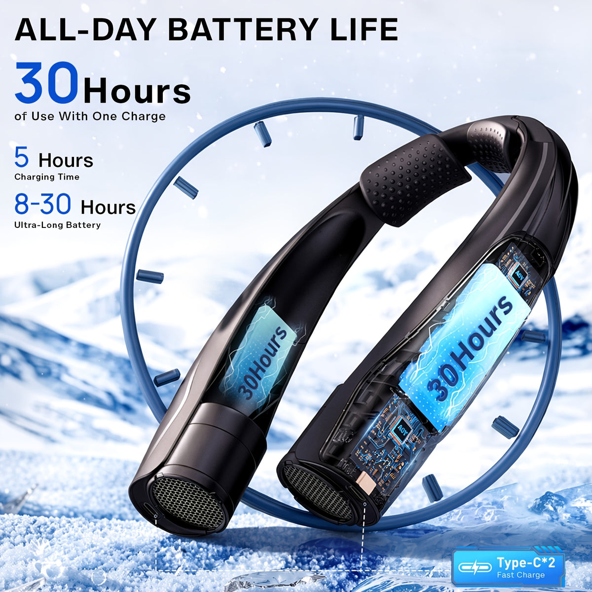 Black Portable Neck Fan with Six Adjustable Speeds and USB Rechargeable Design, Hands-Free Wearable Personal Airflow for Outdoor Travel, Office and Leisure