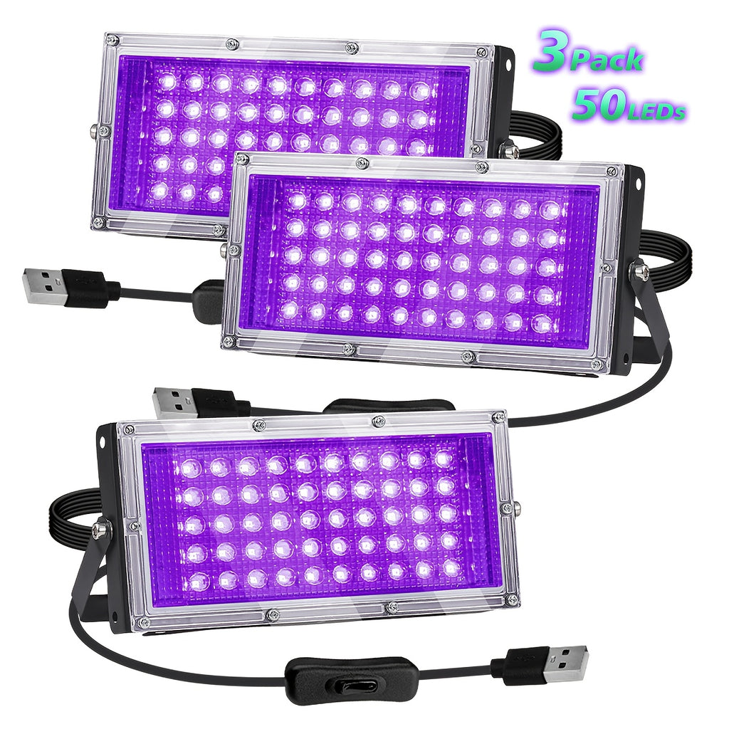 UV LED Screen Printing Exposure Lights, Three-Pack with 50-LED or 96-LED Option Labels, Listed 385–400nm Wavelength, USB Plug, Switch and 59.06-Inch Cord