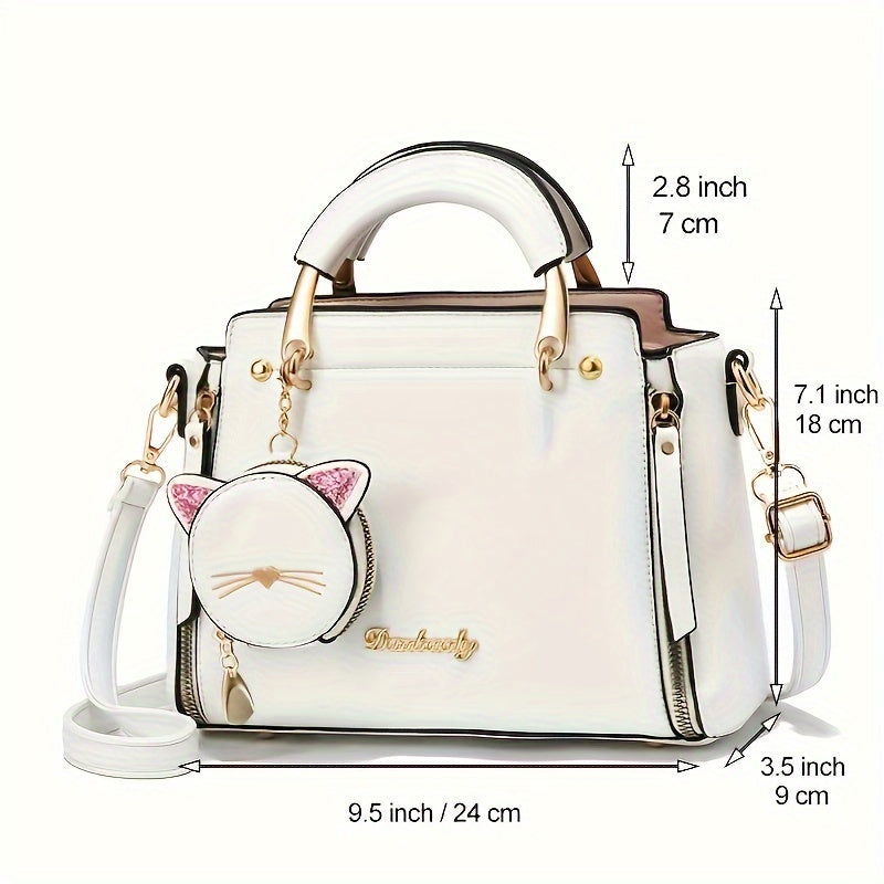 Mini Satchel Handbag with Kitten Pendant for Women, Top Handle Small Purse in Black, White, Pink, Purple, Khaki or Green for Coffee Dates and Casual Outings