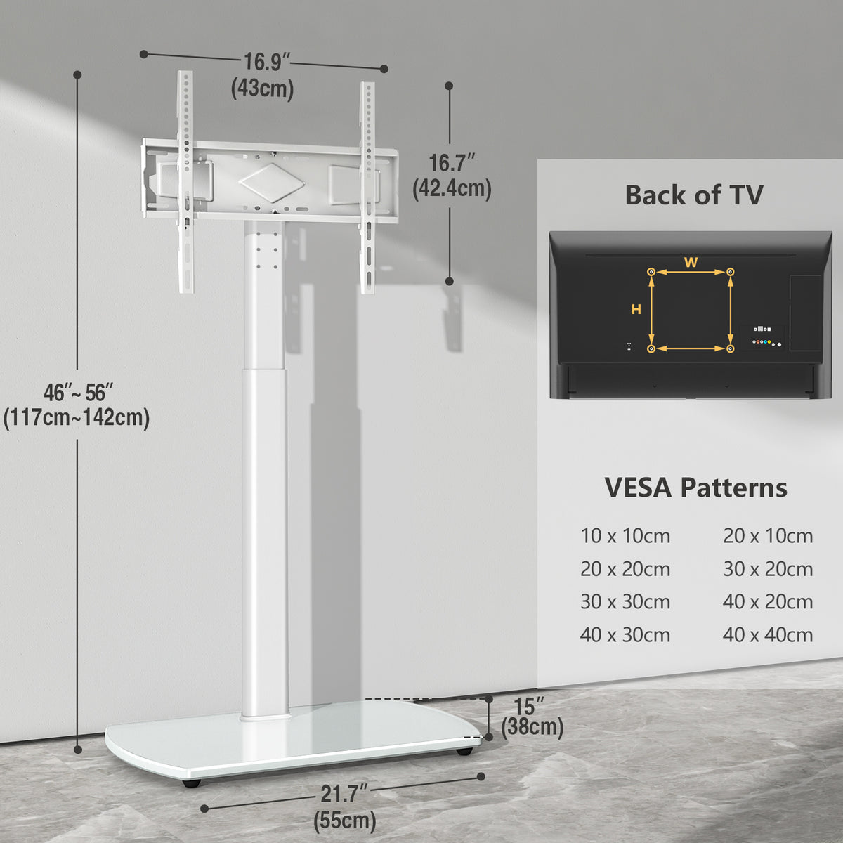 Swivel TV Floor Stand with Adjustable Height and Tempered Glass Base, Cable Management and Black or White Options for Compatible 32–65 Inch Television Setups