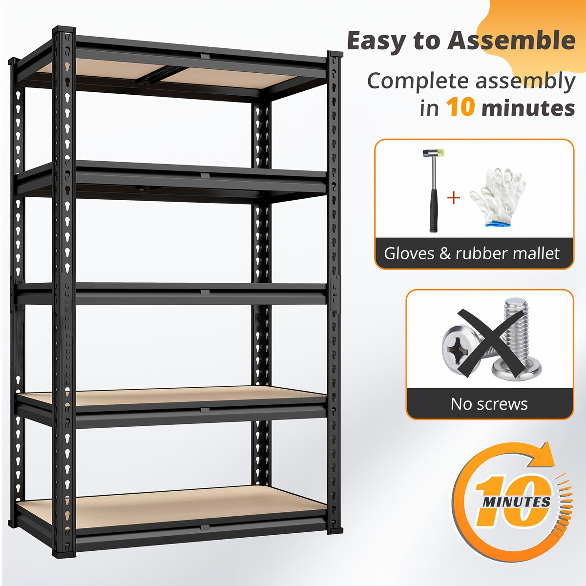 Adjustable Storage Shelving by REIBII with Five Wood-Board Tiers and Black Metal Frame, Garage and Pantry Organizer with Height and Two-Piece Pack Options
