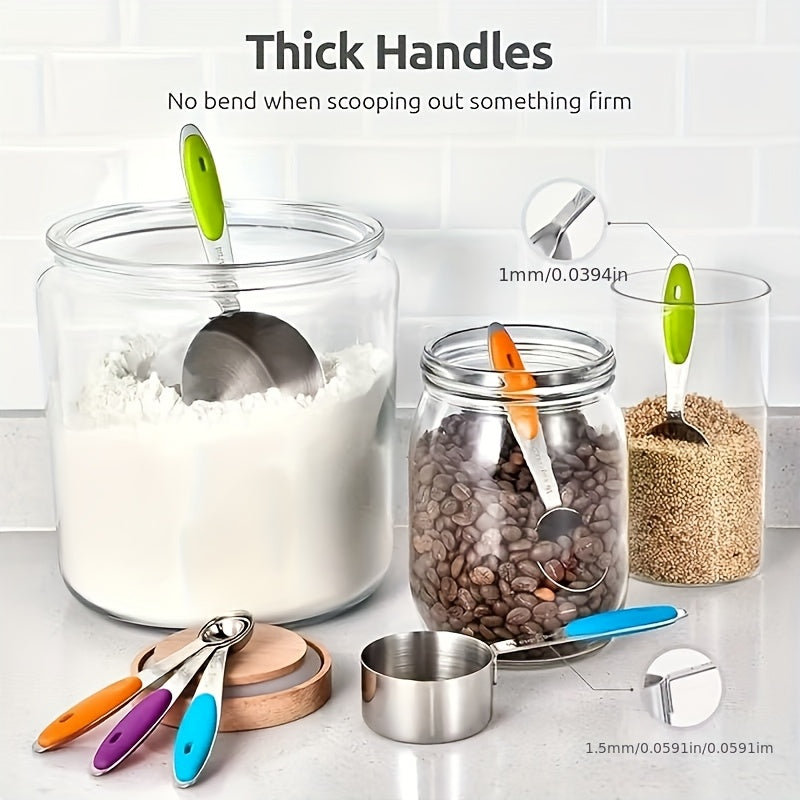 Stainless Steel Measuring Spoon Set with Silicone Handles, Five-Piece Kitchen Measuring Tools in Random Colors for Everyday Home Cooking and Baking Prep