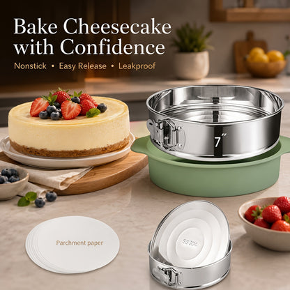 Stainless Steel Springform Pan, 7 or 9 Inch Nonstick Cheesecake Pan with Removable Bottom and Latch, Pan Protector and 50 Parchment Papers for Home Baking