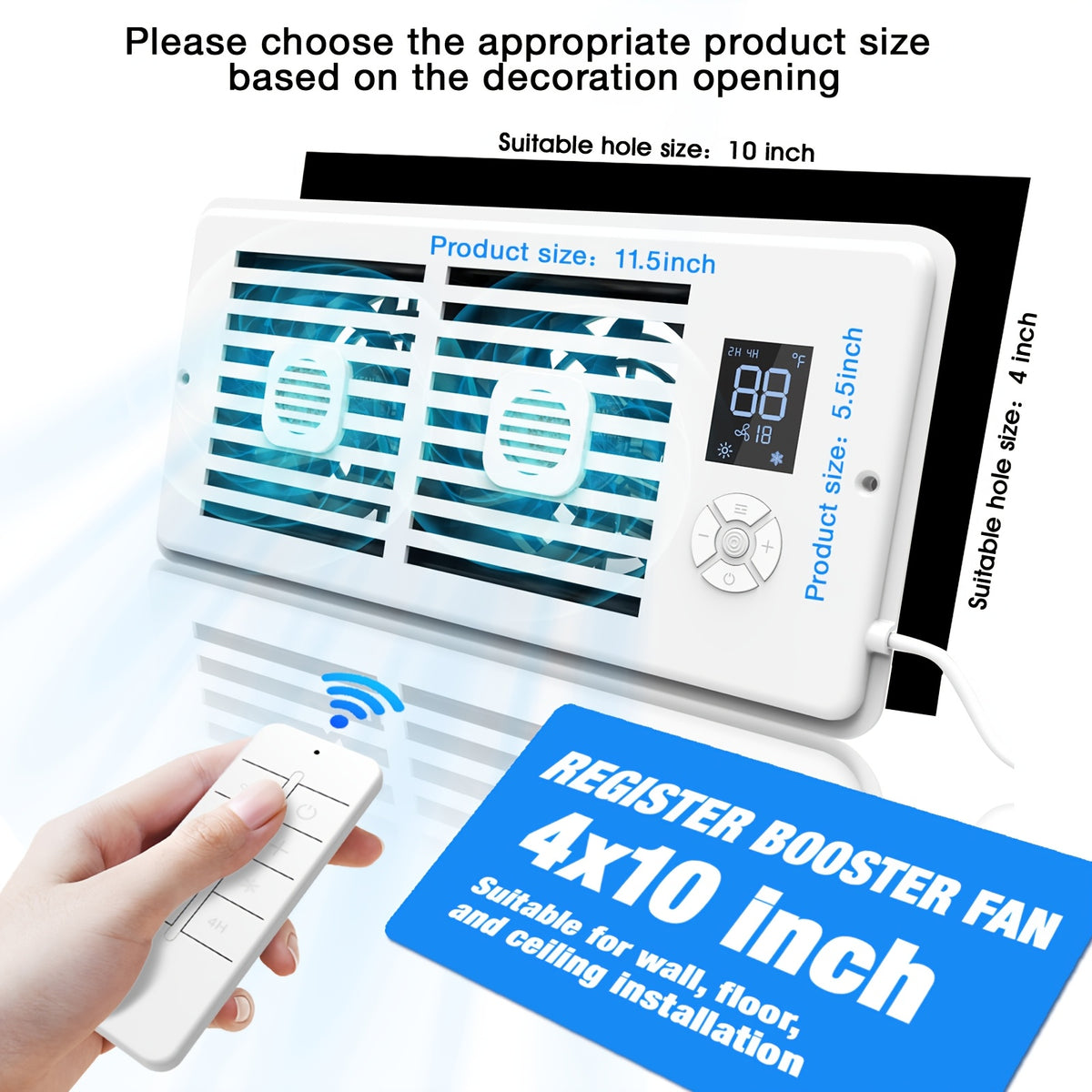 Vent Booster Fan for 4 x 10 Inch Openings, White 10-Speed Airflow Booster with Digital Automatic Temperature Control and Remote for Compatible Home Vents