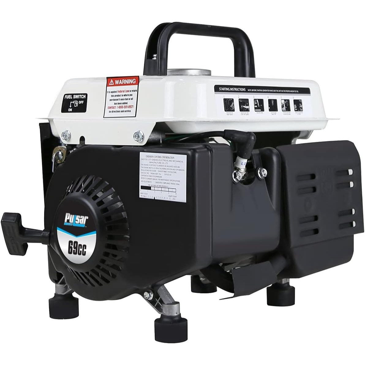 Gas-Powered Portable Generator by Pulsar with Carrying Handle, Listed 1200 Peak and 900 Running Watts, Recoil Start and 120V Outlets for Outdoor Power