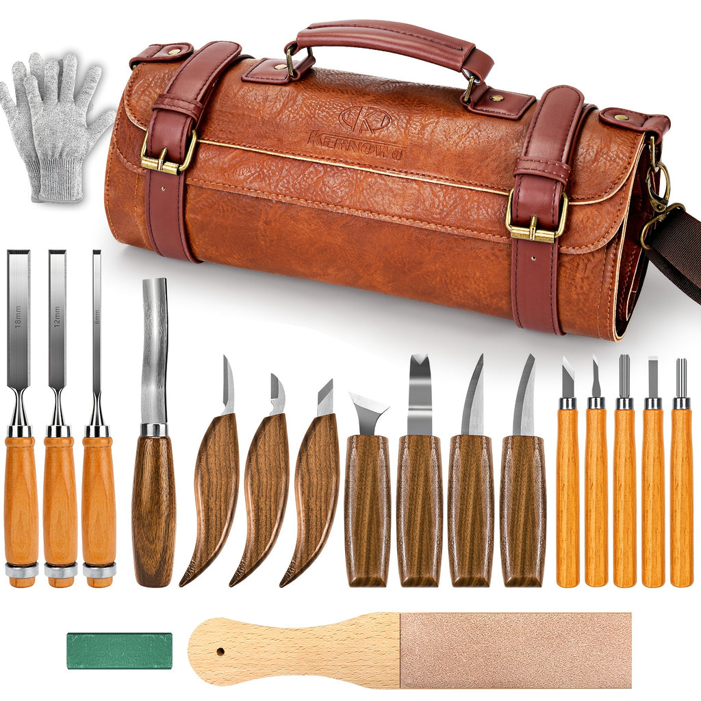 Wood Carving Knife Set with 15, 17, 20 or 23-Piece Options, Listed PU Case Packages and Detail, Hook and Geometric Tool Wording for Adult Woodworking Crafts