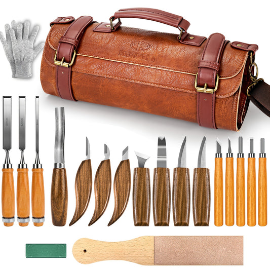 Wood Carving Knife Set with 15, 17, 20 or 23-Piece Options, Listed PU Case Packages and Detail, Hook and Geometric Tool Wording for Adult Woodworking Crafts