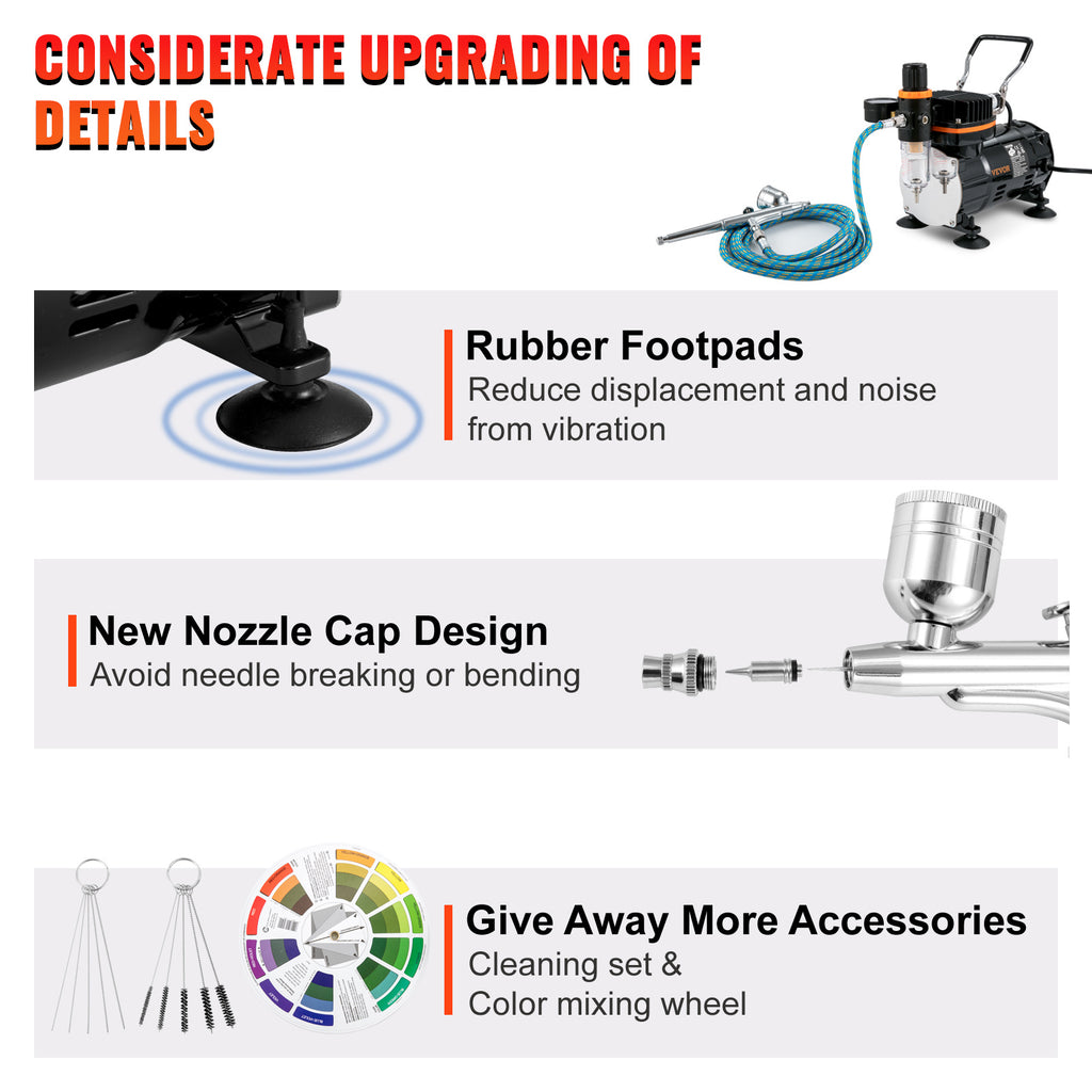 Compressor Airbrush Kit by VEVOR with Listed Dual-Action Gravity Feed Brushes, 0.2, 0.3 and 0.8mm Sizes and 120V 120W Power for Compatible Art and Model Painting