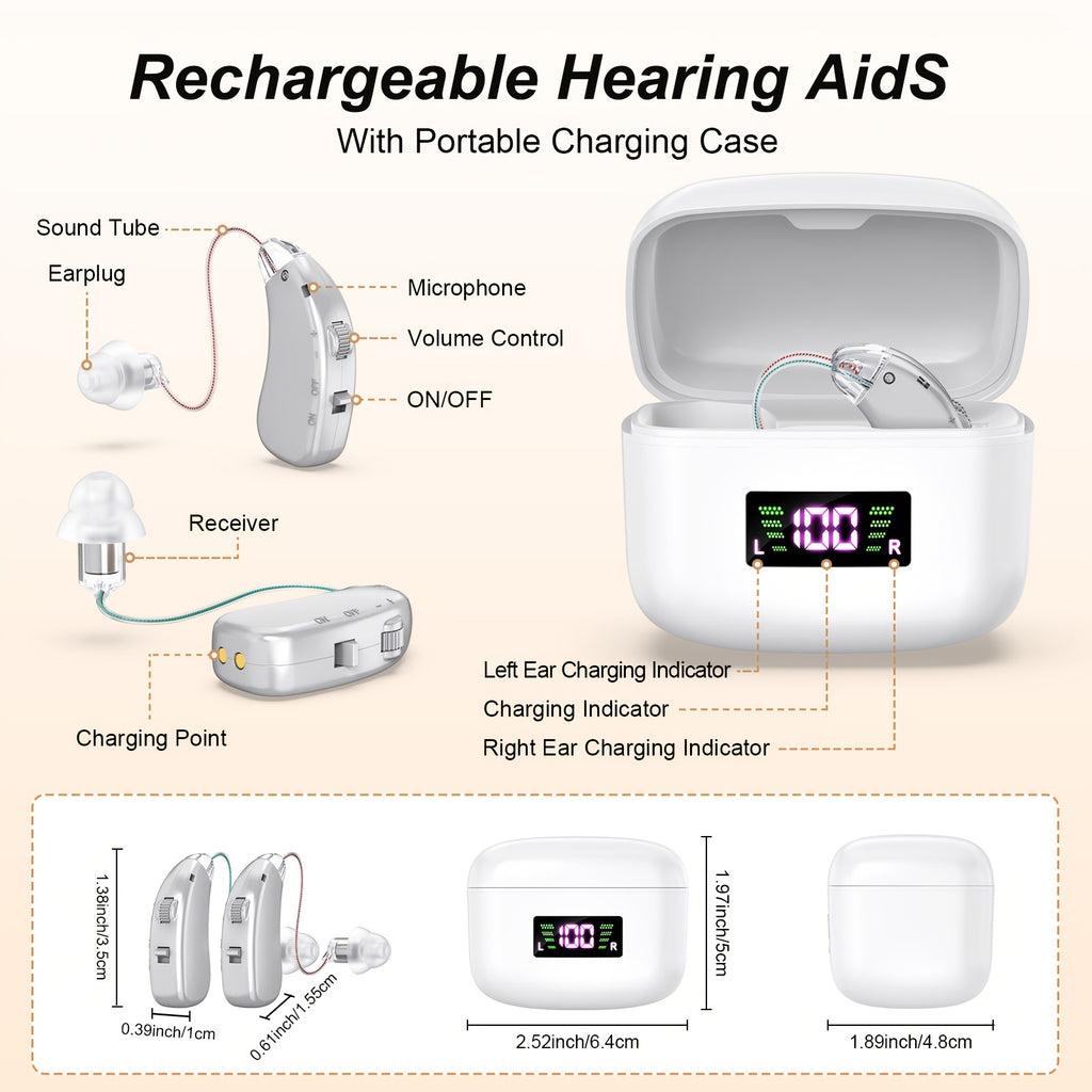 Rechargeable Hearing Amplifier with Listed Magnetic Charging Case, Silicone Ear Tips and Adjustable Listening Wording in TM802 Brown or Silvery Options for Adults
