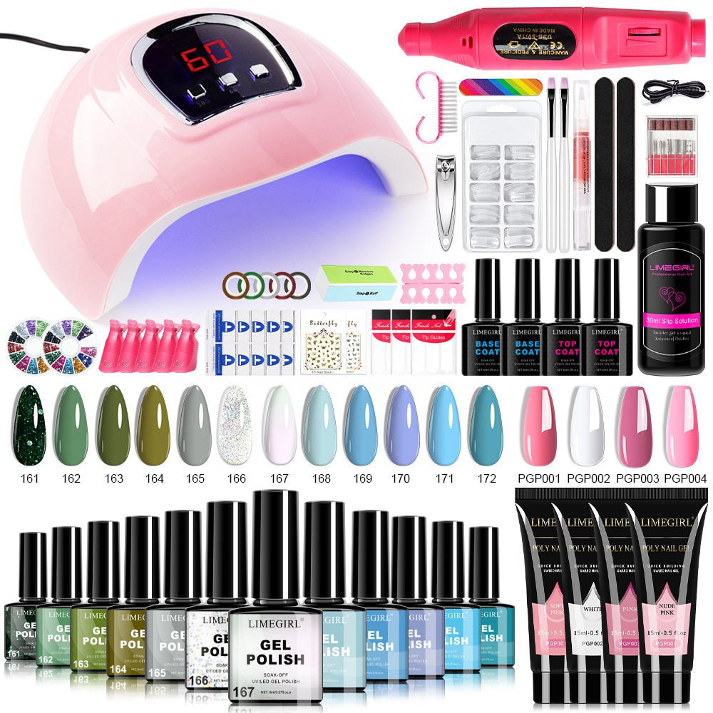 Gel Manicure Kit with 12 Listed Polish Colors and 4 Extension Gel Colors, Nail Lamp and Electric Drill References, Five Set Options for Adult Nail Art