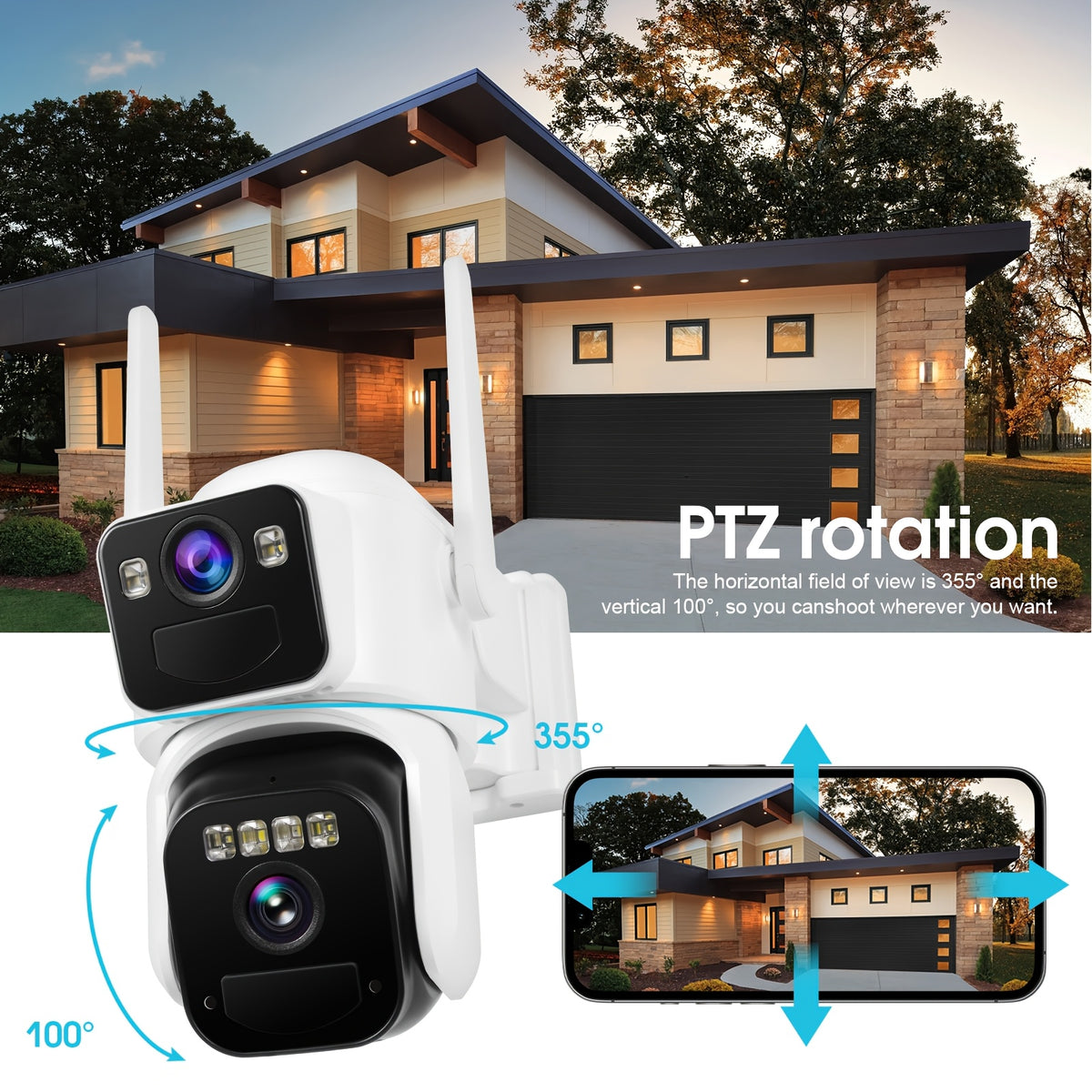 Dual-Screen Solar WiFi Security Camera with Fixed Wide-Angle and Rotating PTZ Lenses, 8000mAh Battery, Night Vision, Two-Way Audio and Optional TF Card Packages