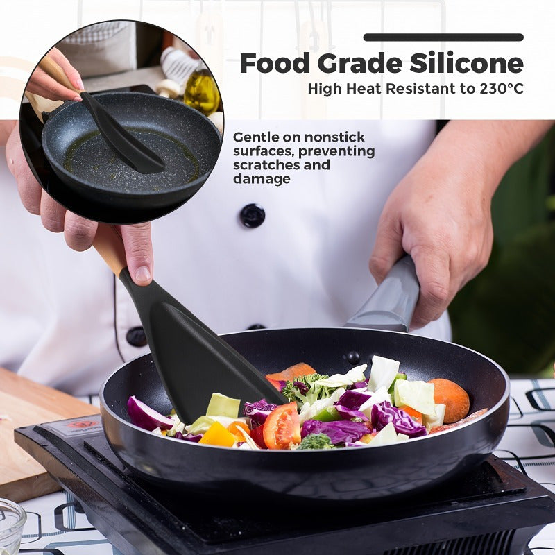 Silicone Cooking Spoon with Wooden Handle and Listed 12-Inch Length, Black or Black 2PC Options for Mixing, Stirring and Serving in Home Kitchens