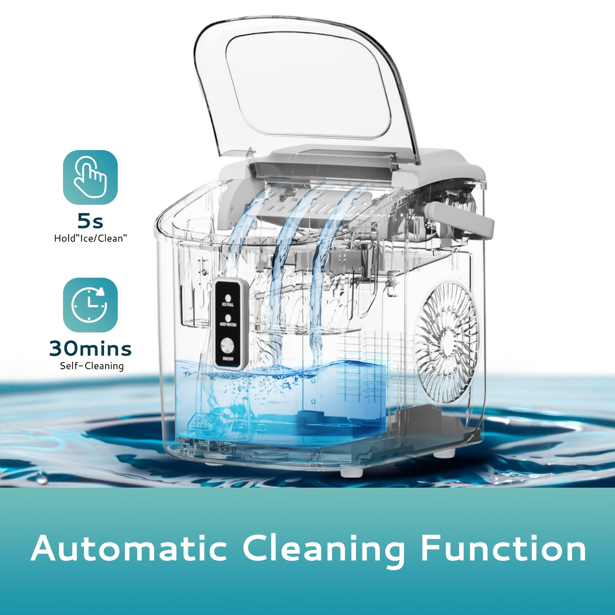 Carry-Handle Countertop Ice Maker with Bullet or Nugget Ice Option Labels, Self-Cleaning Wording, Basket and Scoop for Kitchen and Office Drink Preparation