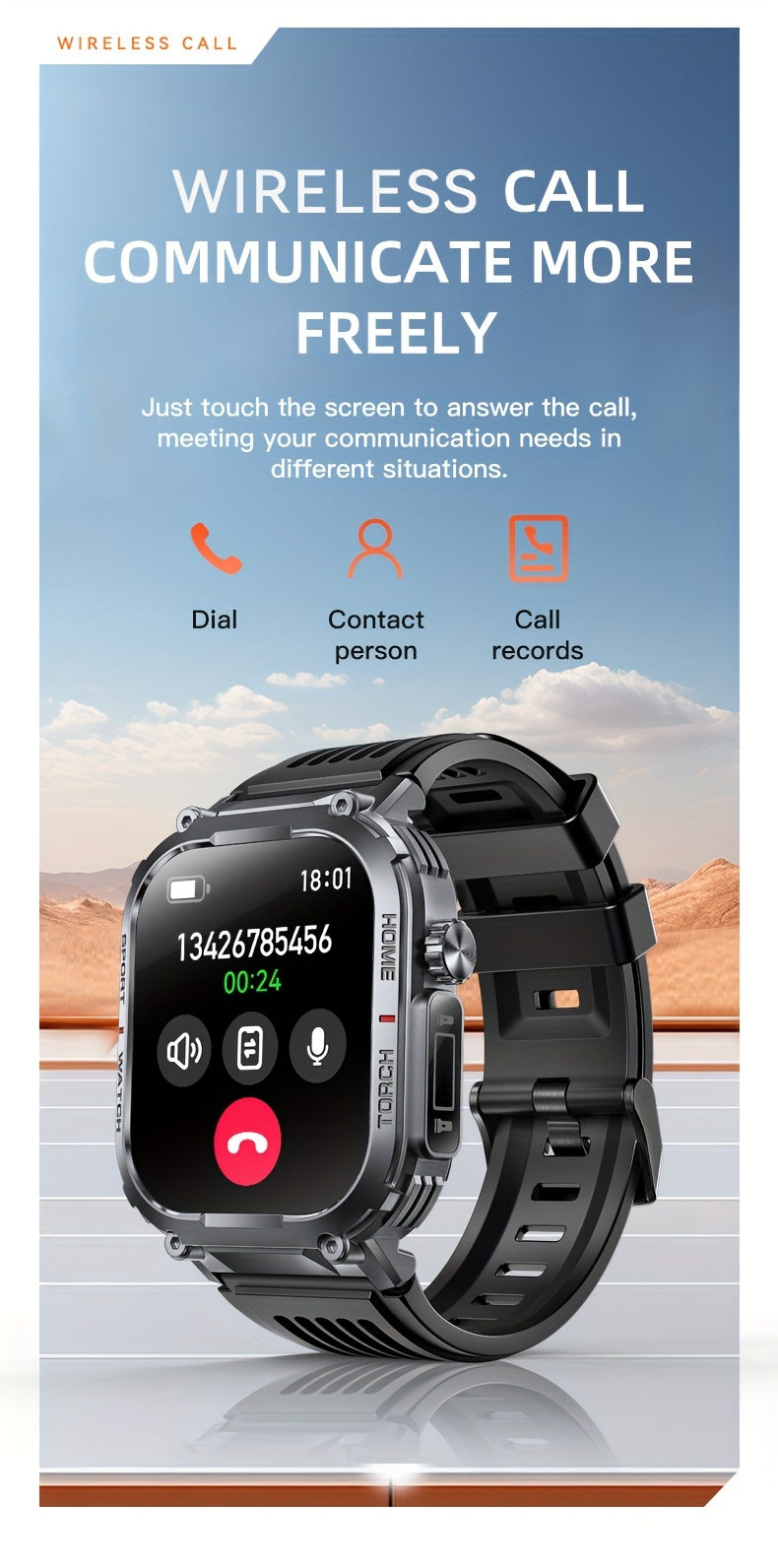 LED Flashlight Calling Smartwatch with Listed 2.02-Inch TFT Screen, Step Counting and Sleep Tracking Features, iOS Android Option for Everyday Wear
