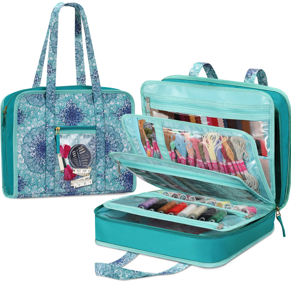 Sewing and Craft Storage Tote by FINPAC, 800D Polyester Organizer with Clear PVC Pockets and Two Top Handles, 13 x 4.5 x 10.5 Inches, Five Styles, Bag Only