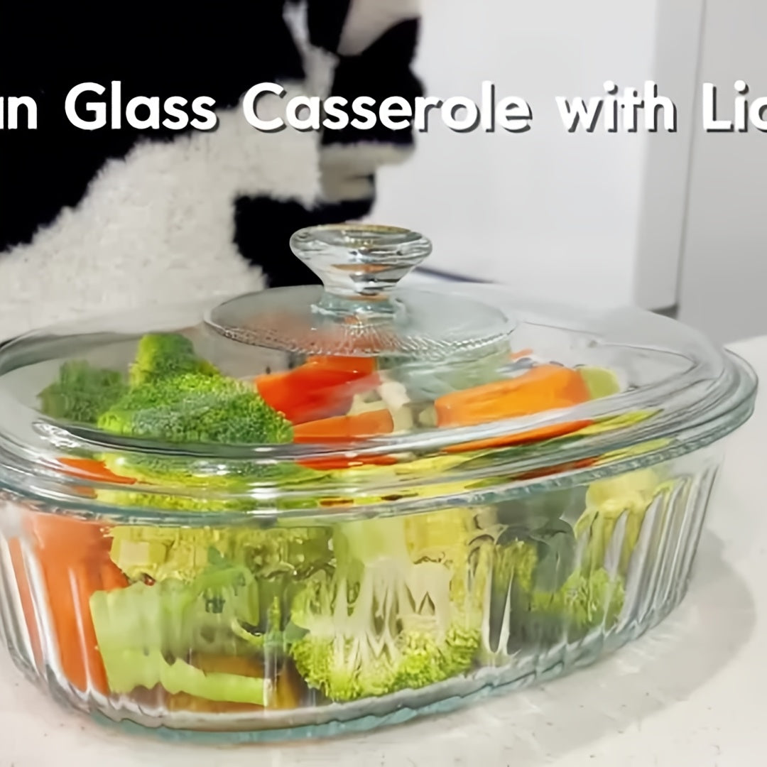 Oval Glass Baking Dish with Lid in 50oz or 85oz Sizes, Deep Transparent Borosilicate Cookware for Pasta, Casseroles, Chicken and Holiday Desserts