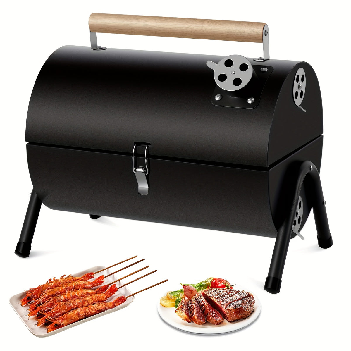 Barrel Charcoal BBQ Grill, Compact Foldable Black Outdoor Barbecue with Listed Double-Sided Griddle for Camping Meals, Picnic Cooking and Backyard Gatherings
