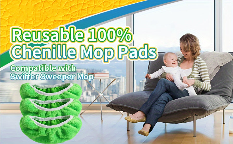 Reusable Microfiber Mop Pads in Green, 15 Washable Cleaning Cloths for Dry Sweeping and Wet Mopping with Listed Swiffer Sweeper Compatibility, Mop Not Included