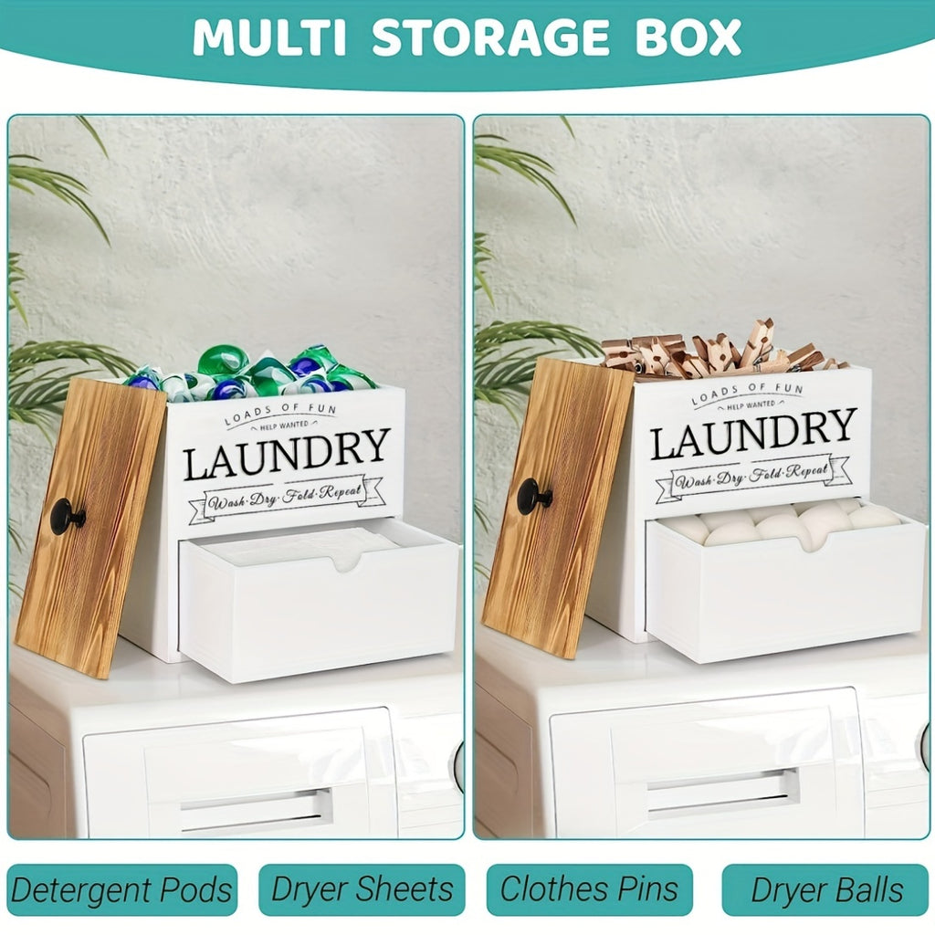 Wooden Dryer Sheet Holder by MONDRAME with Drawer and Lid, Farmhouse Laundry Room Organizer for Wall Mount or Countertop Placement in Black or White Options