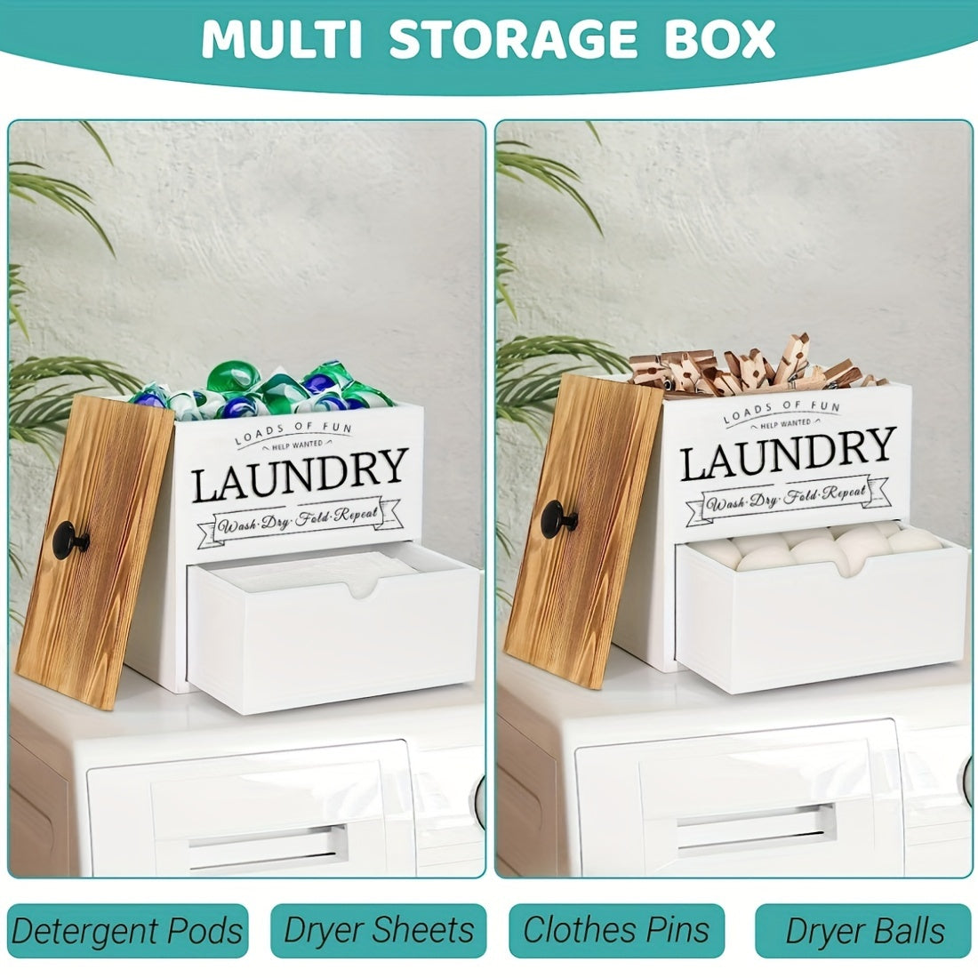 Wooden Dryer Sheet Holder by MONDRAME with Drawer and Lid, Farmhouse Laundry Room Organizer for Wall Mount or Countertop Placement in Black or White Options