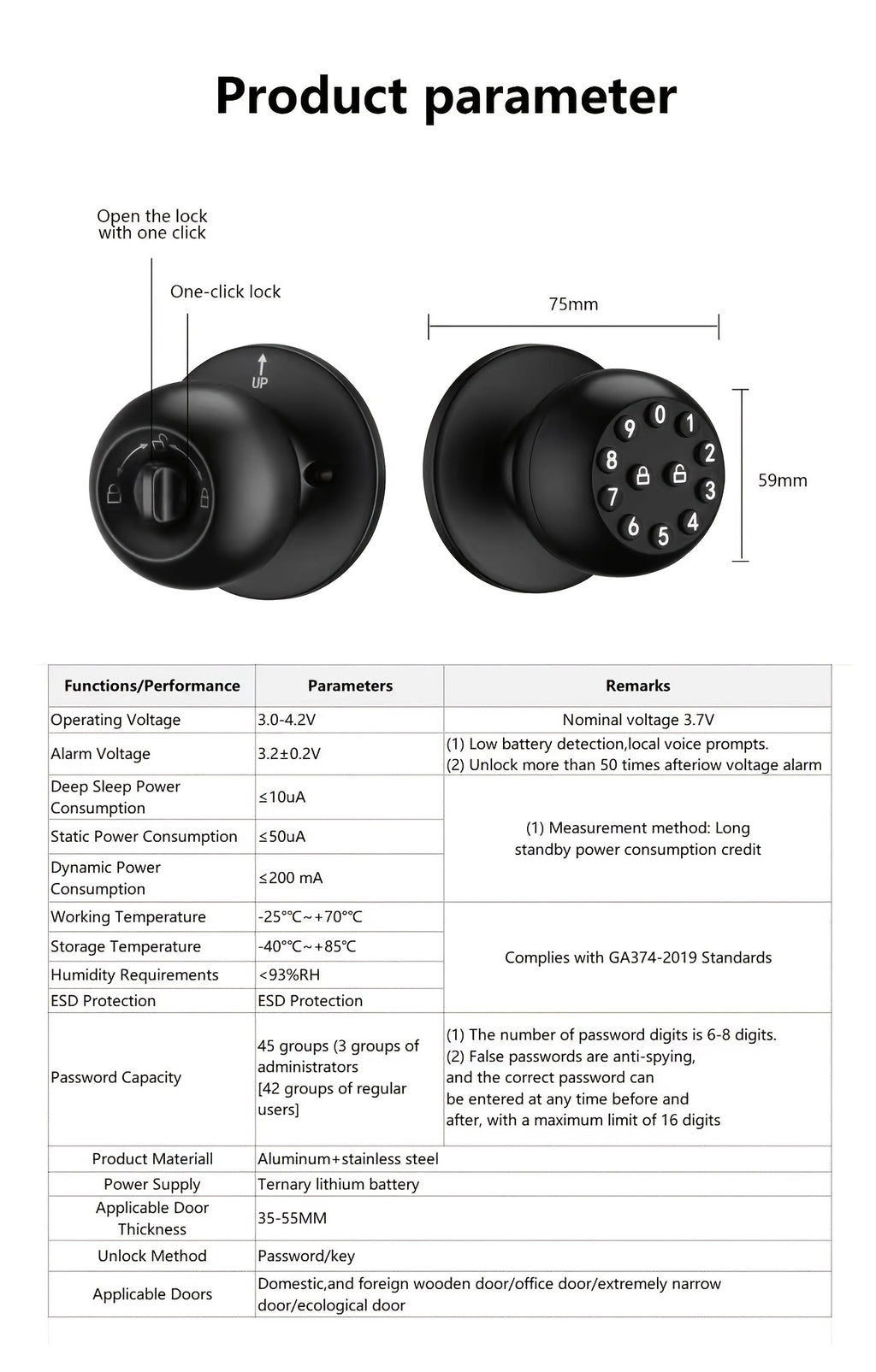 Keypad Door Knob Lock with Listed Keyless Entry, Mechanical Key Backup, Auto-Lock and Passage Mode, No App Required or Black Option Labels