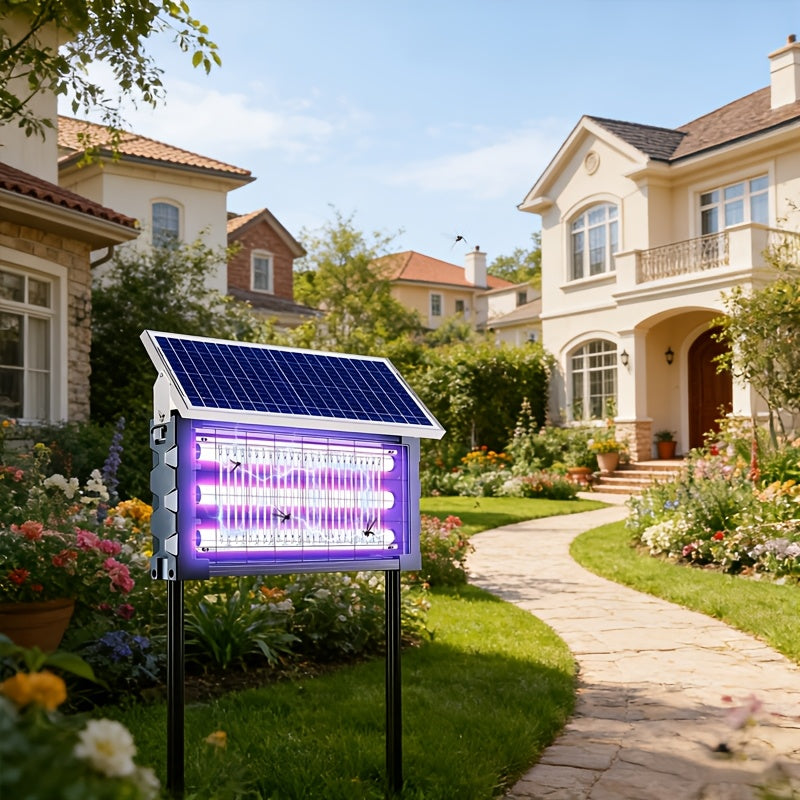 Solar-Powered Bug Zapper in Black with Automatic Day-Night Operation, Hook, Support Rod and Listed 10ft Solar Panel Extension Cord for Patio and RV Setups