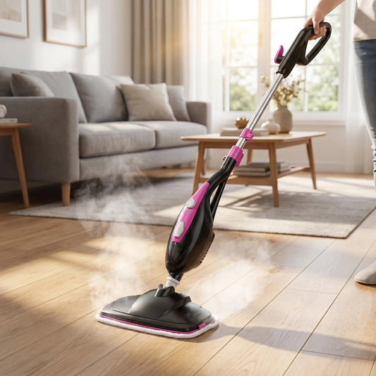 1550W Steam Mop with Detachable Handheld Cleaner, Black and Pink Corded Cleaning Appliance with Two Reusable Pads and 16.4ft Power Cord
