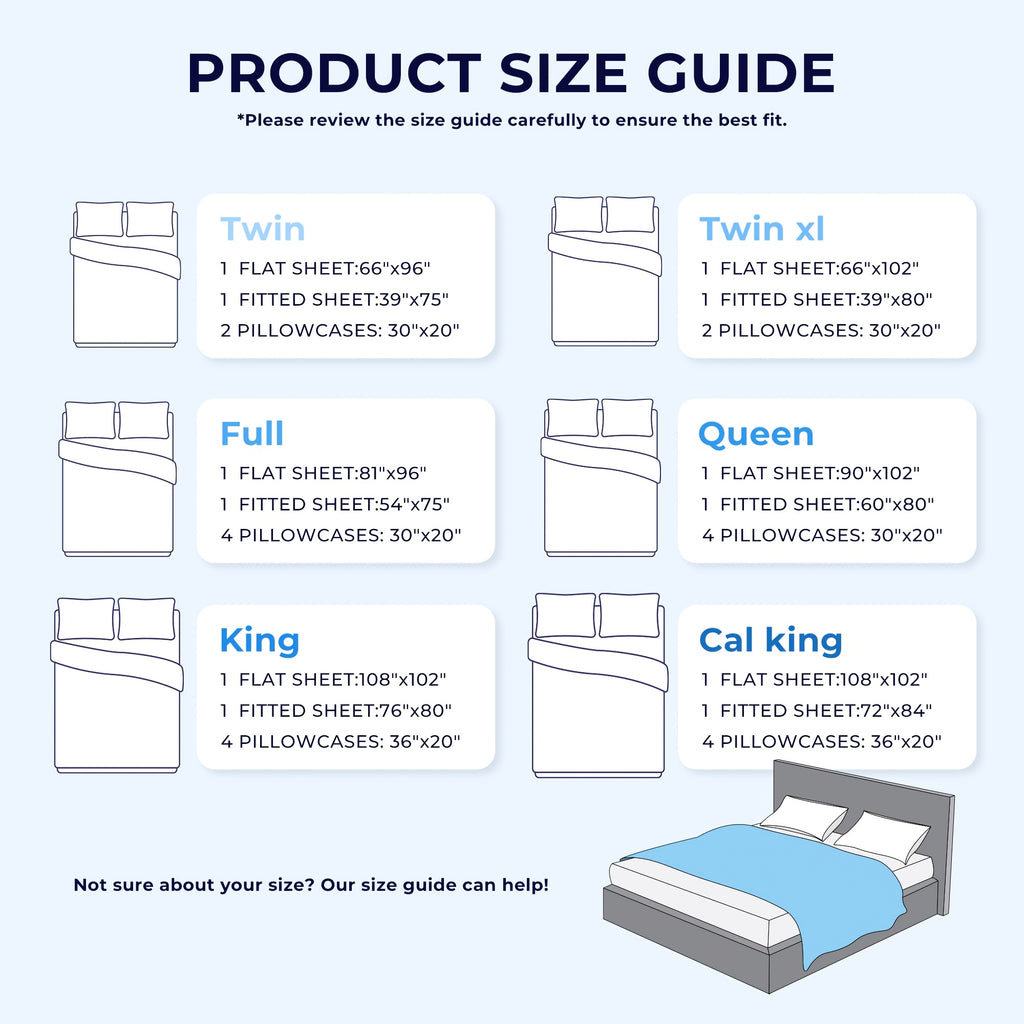 Flat and Fitted Sheet Set with Two Pillowcases, Four-Piece Bedding with Listed Extra Deep Pockets and Six Size Labels Including Twin XL for Home Bedrooms