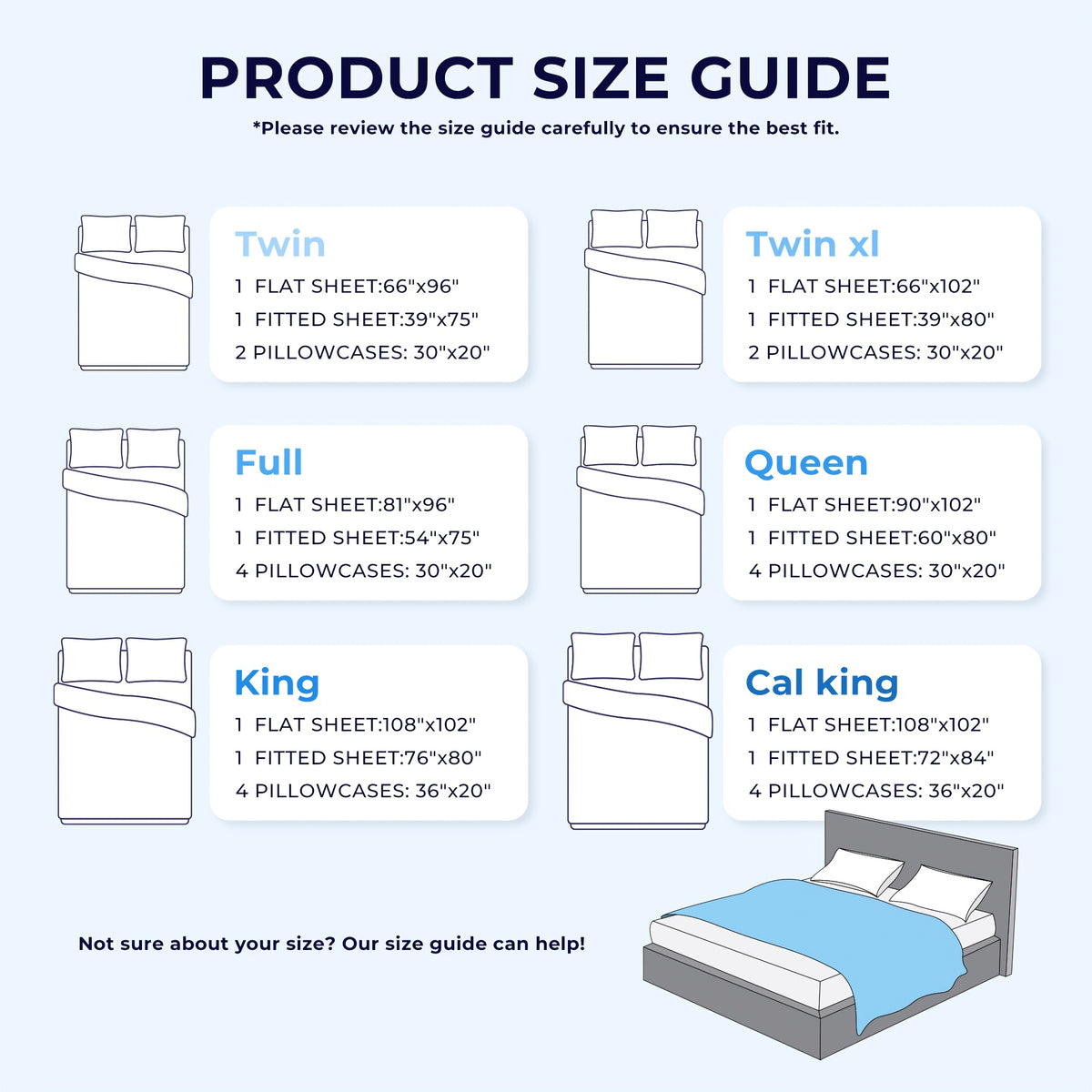 Flat and Fitted Sheet Set with Two Pillowcases, Four-Piece Bedding with Listed Extra Deep Pockets and Six Size Labels Including Twin XL for Home Bedrooms