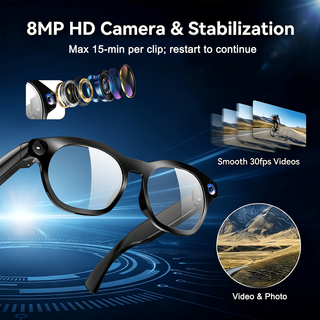 AI Camera Glasses in Black with Photochromic Lens Option, Listed 8MP Camera, 320mAh Battery, Touch-Control Audio, Calls and Translation for Travel and Work