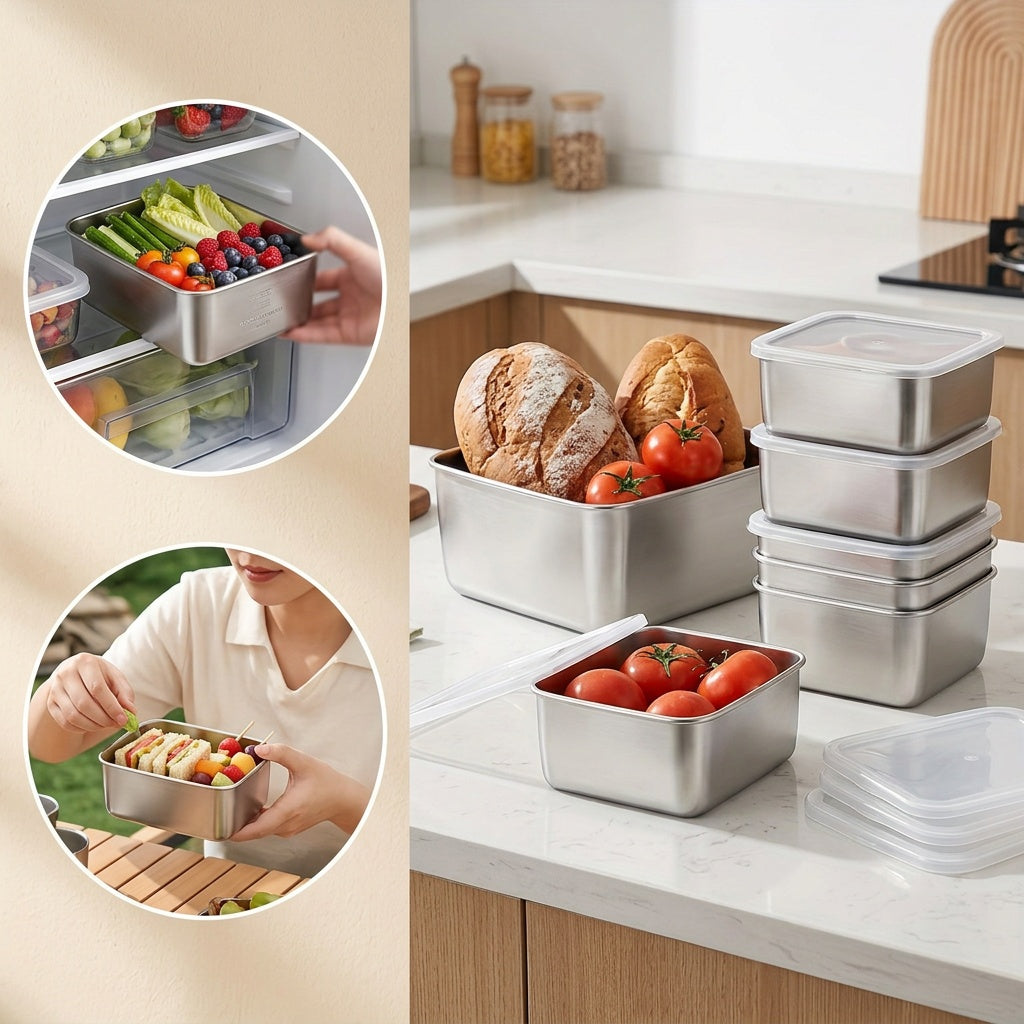Square Stainless Steel Food Storage Containers with Lids, Listed 6-Piece Reusable Kitchen Set for Refrigerator Sorting, Packed Lunches and Picnic Meal Planning