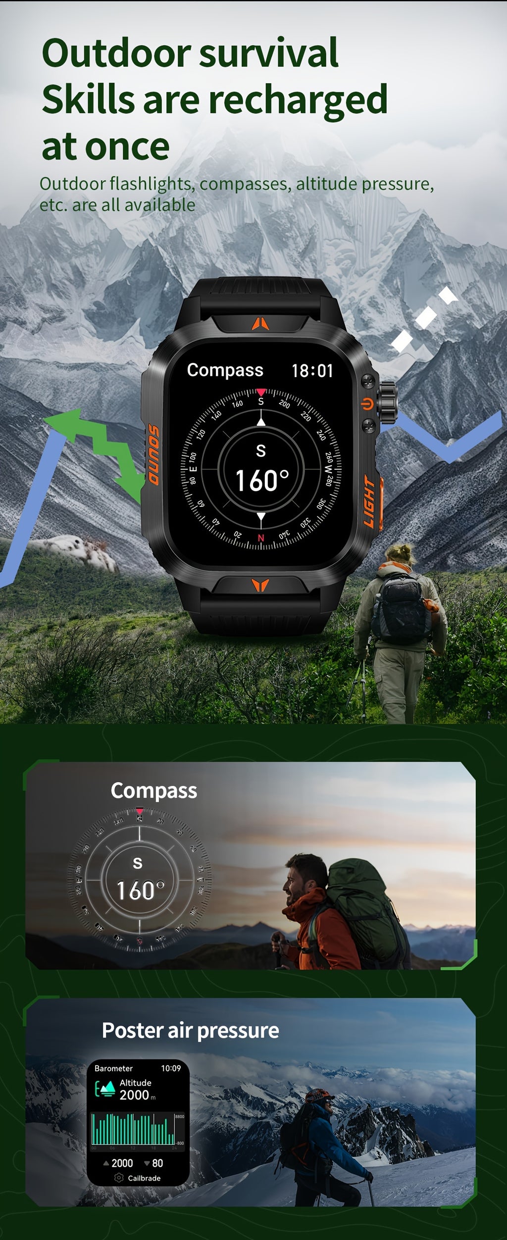 Outdoor Calling Smartwatch with Listed Compass, Altimeter, Barometer and LED Flashlight, 600mAh Battery and Sleep Tracking in Five Style Labels for Men