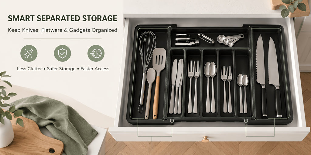 Expandable Silverware Drawer Organizer, BPA-Free Adjustable Plastic Cutlery Tray in Black or White for Kitchen Spoon, Fork and Knife Storage