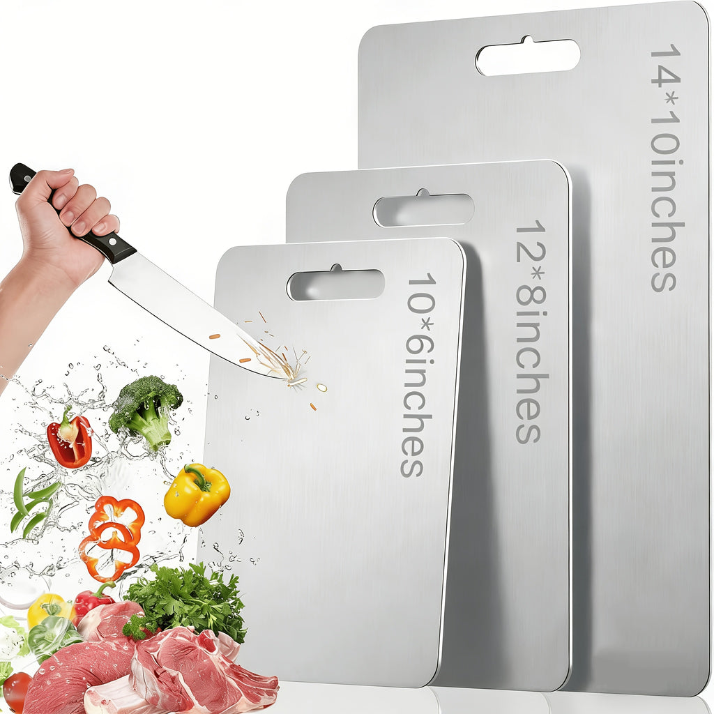 Stainless Steel Cutting Board Set of 3 with Reversible Surfaces, 10 x 6, 12 x 8 and 14 x 10 Inch Kitchen Prep Boards for Fruit, Vegetables and Dough
