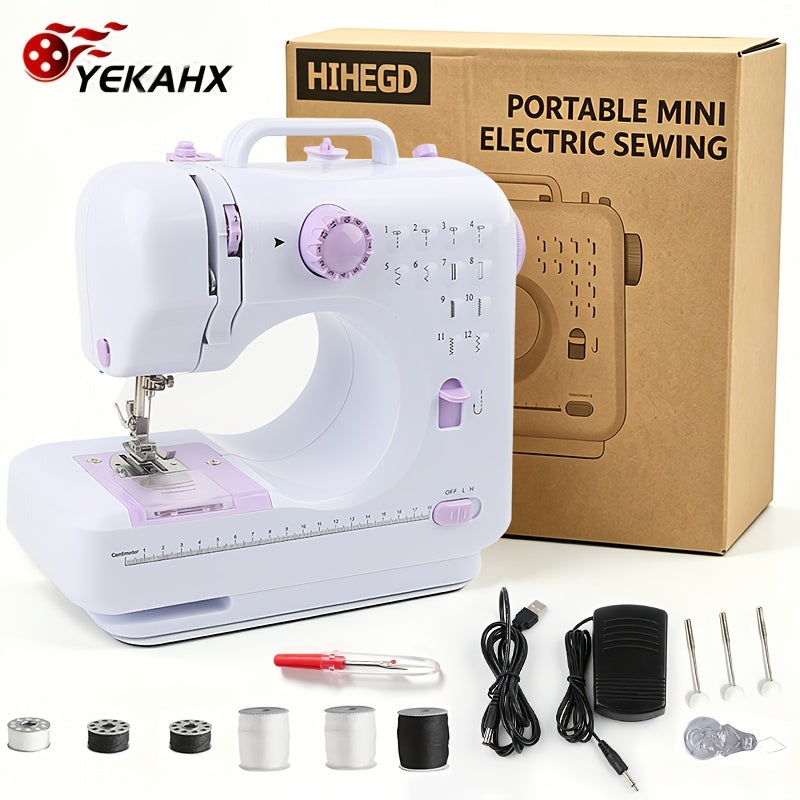 Sewing Machine with Adjustable Speed and 12 Stitch Patterns, White Purple Portable Electric Design for Beginner Practice, Home Fabric Repairs and DIY Crafts