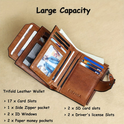 Leather Wallet for Men with Listed RFID Blocking Design, Card Slots, Coin Pocket and ID Storage, Six Brown, Black and Coffee Color or Bifold Options