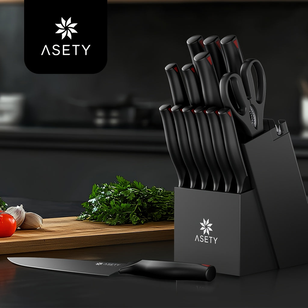 Asety Kitchen Knife Set with PP Handles, 15-Piece Cutlery Selection in Standard or Black Spray Paint Models for Everyday Home Cooking and Ingredient Preparation