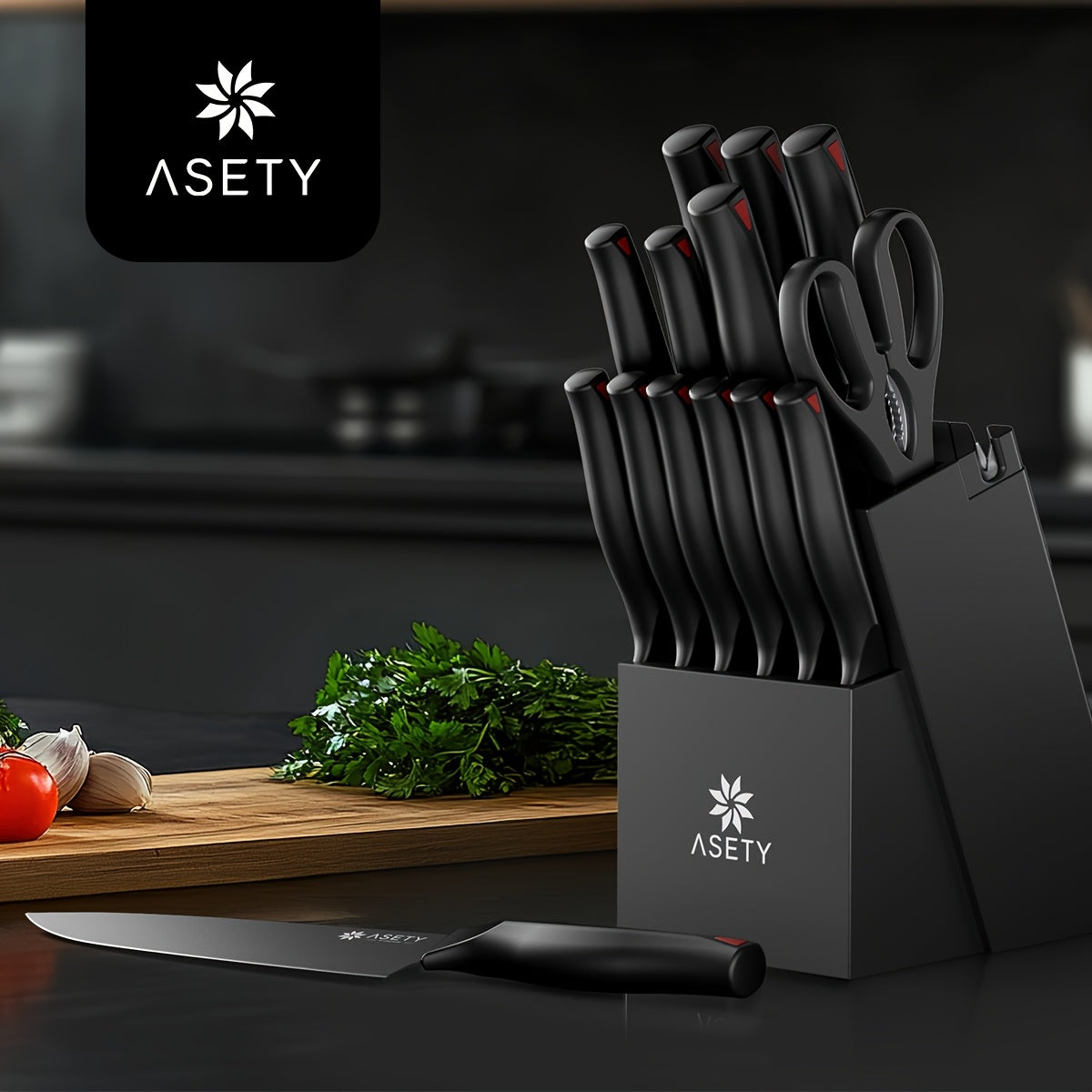 Asety Kitchen Knife Set with PP Handles, 15-Piece Cutlery Selection in Standard or Black Spray Paint Models for Everyday Home Cooking and Ingredient Preparation