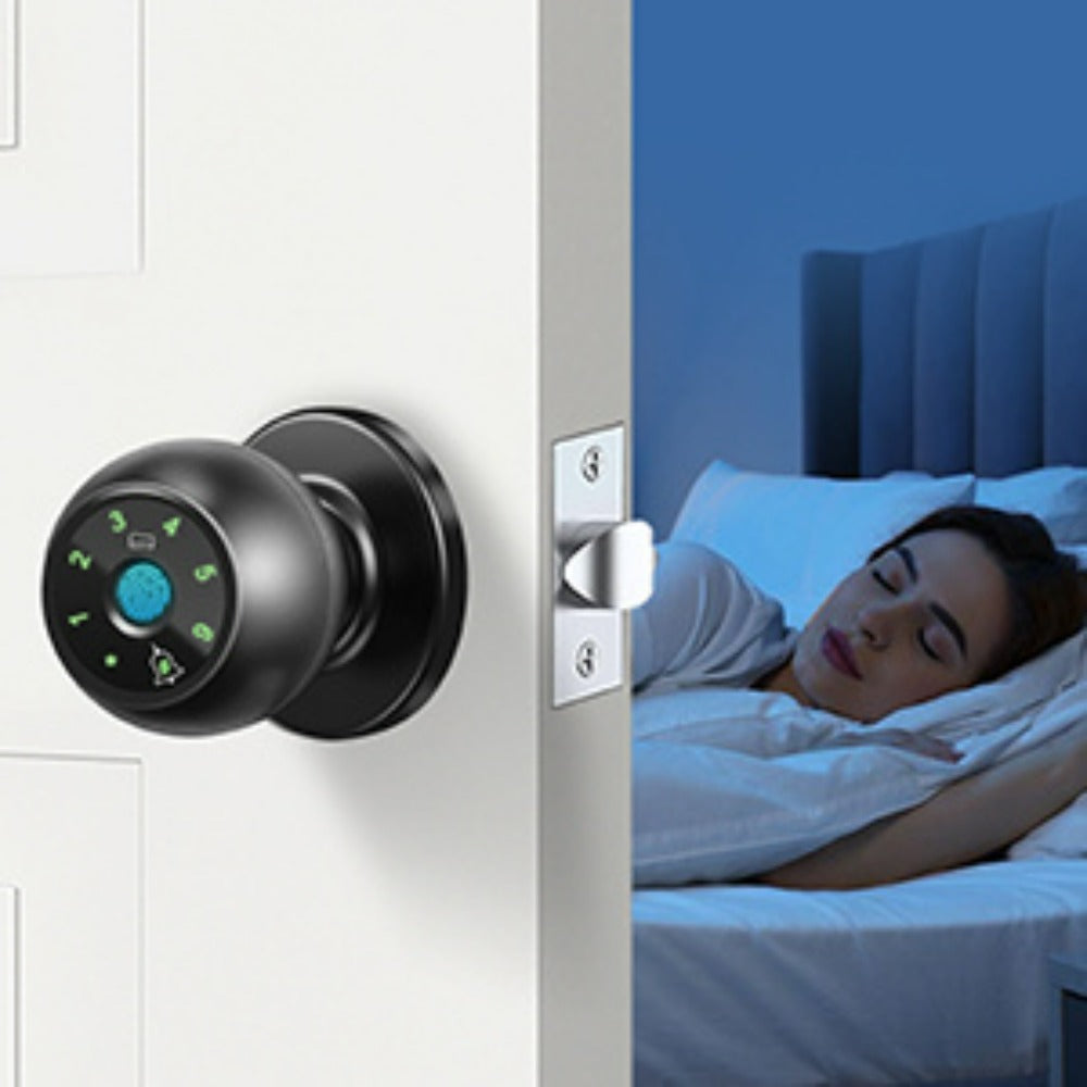 Five-Method Fingerprint Door Knob with App, IC Card, Password and Backup Key Access, Silent and Passage Modes, Anti-Peep Keypad and Type-C Emergency Power