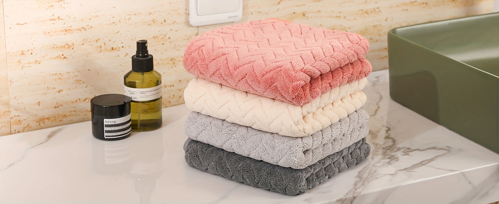 Coral Fleece Hand Towel Set of Four with Soft Fabric Wording, White, Black, Red, Gray and Unspecified-Color Options for Home Bathroom, Spa and Guest Room Routines