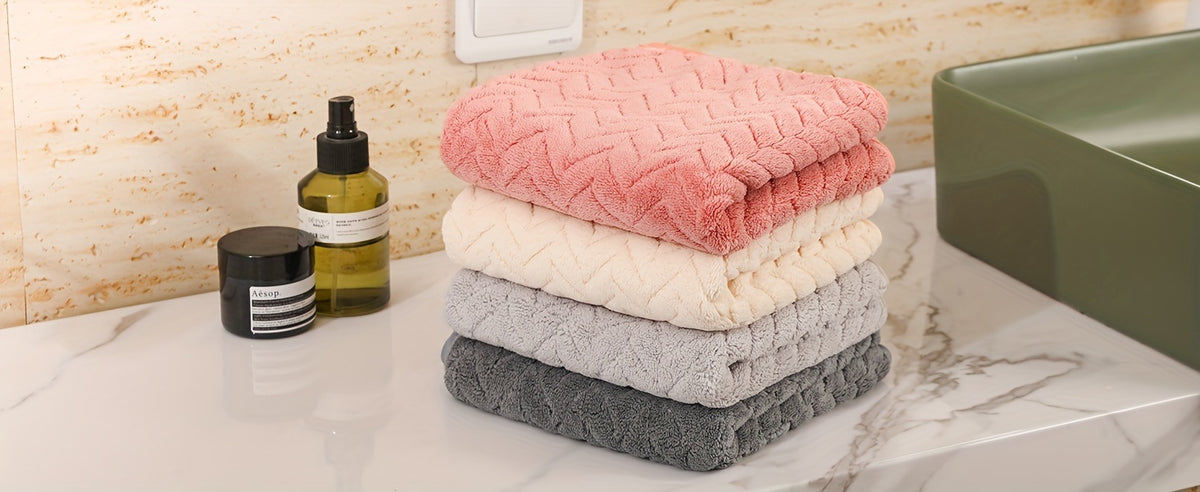 Coral Fleece Hand Towel Set of Four with Soft Fabric Wording, White, Black, Red, Gray and Unspecified-Color Options for Home Bathroom, Spa and Guest Room Routines