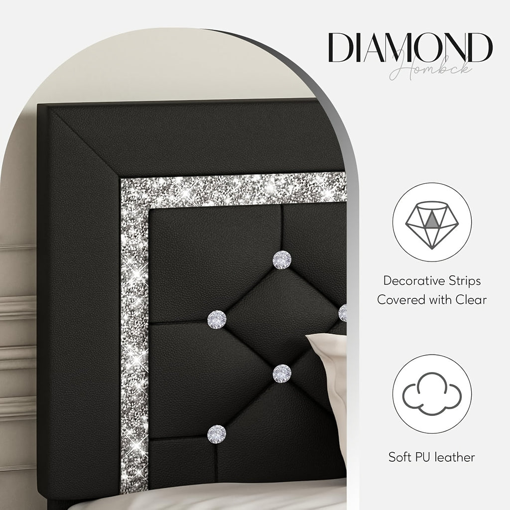 Diamond Tufted Upholstered Bed Frame in Black Faux Leather with Headboard, Footboard and Wooden Slat Support, Twin, Full, Queen and King Options