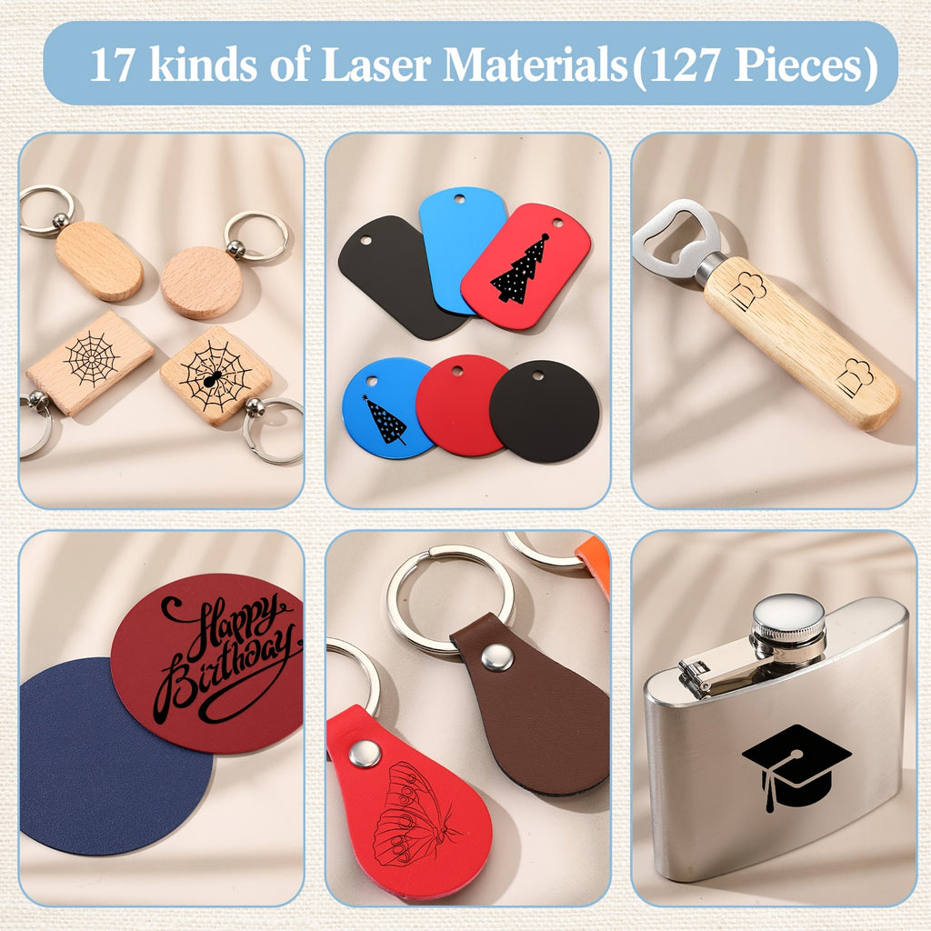Laser Engraving Materials Kit with Listed 127 Pieces, Wood, Metal, Fabric, Glass, Rock and Rubber Categories for Compatible Craft Project Planning